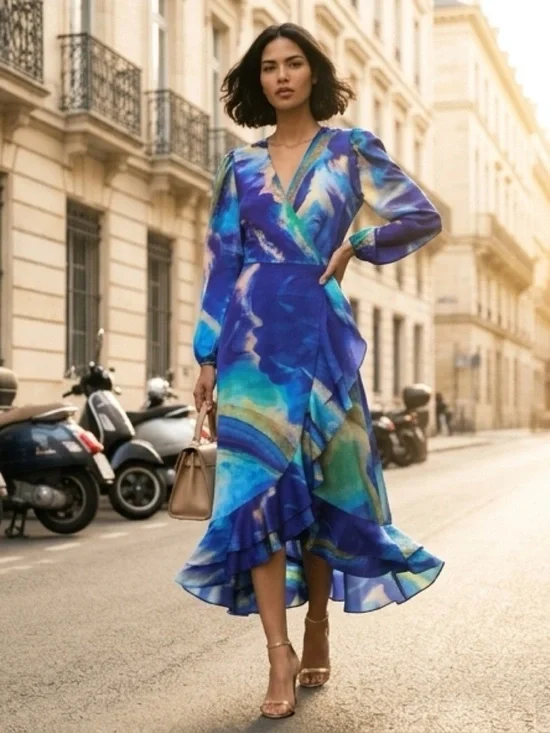 Alana Kay Art wrap ruffle dress blue abstract GORGEOUS NWT Small - Picture 3 of 7